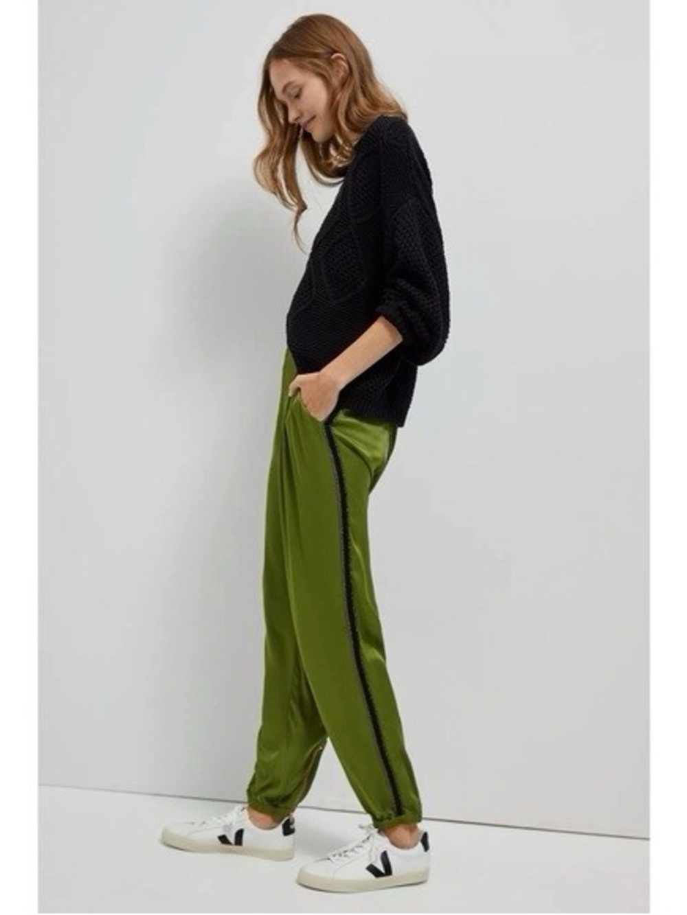 Anthropologie Olive Green Satin Track Pants with Black Side Stripe